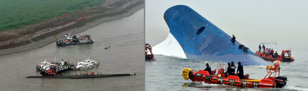 침몰한 중국 유람선 (좌) 지난해 4월 발생한 세월호 참사 (우)