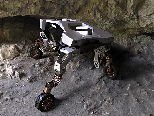 현대자동차그룹이 10일 처음으로 공개한 변신하는 지상 이동 로봇 ‘타이거’. 과학 탐사 및 보급품 수송용으로 개발된 타이거는 평지에서는 바퀴로 달리다가 험한 지형에서는 일어서서 로봇 다리로 걸어갈 수 있다. 