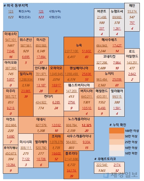 16일 미국 코로나 확진자 및 사망자 현황