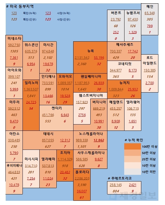 16일 미국 코로나 확진자 및 사망자 현황