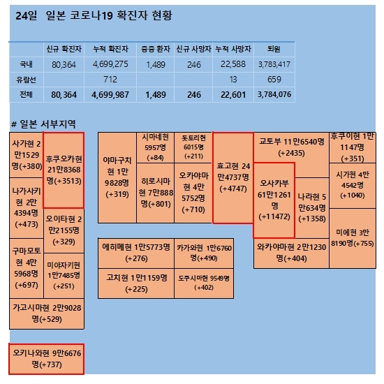 24일 일본 코로나 확진자 현황