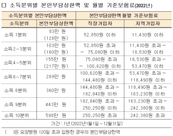 소득분위별 본인부담상한액 및 월별 기준보험료