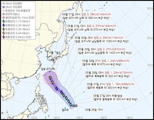 제6호 태풍 장미 팔라우 해상서 발생, 내달 초 오키나와 진입 시 &lsquo;강&rsquo;급 세력 확장 관측
