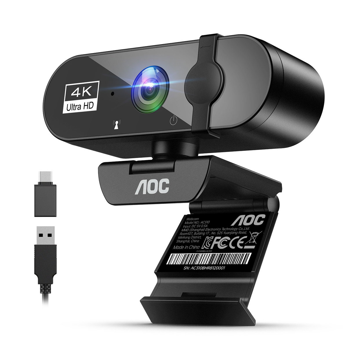 AOC 4K UHD 웹캠 노이즈캔슬링 마이크 내장 PC 화상회의 방송용, 블랙, AC310