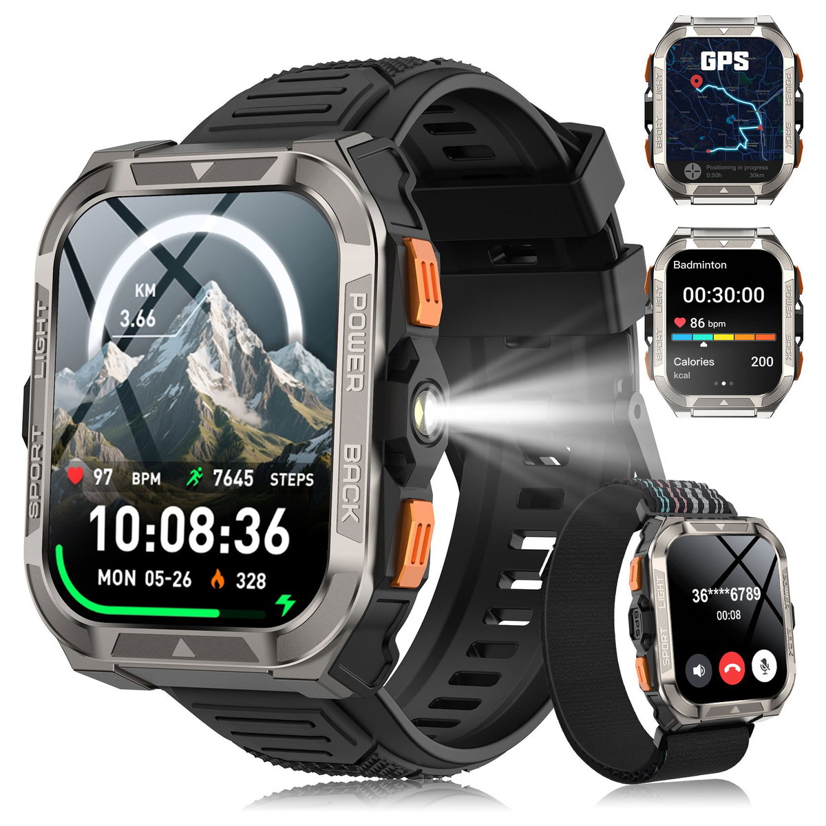 IOWODO W80 Pro 아웃도어 스마트워치 1.91" 대형 터치 스크린 내장 GPS 나침반 통화 가능 메시지 알림 LED 손전등 블루투스 스마트워치 IP68 방수, 검은색, 4.6cm, GPS   블루투스