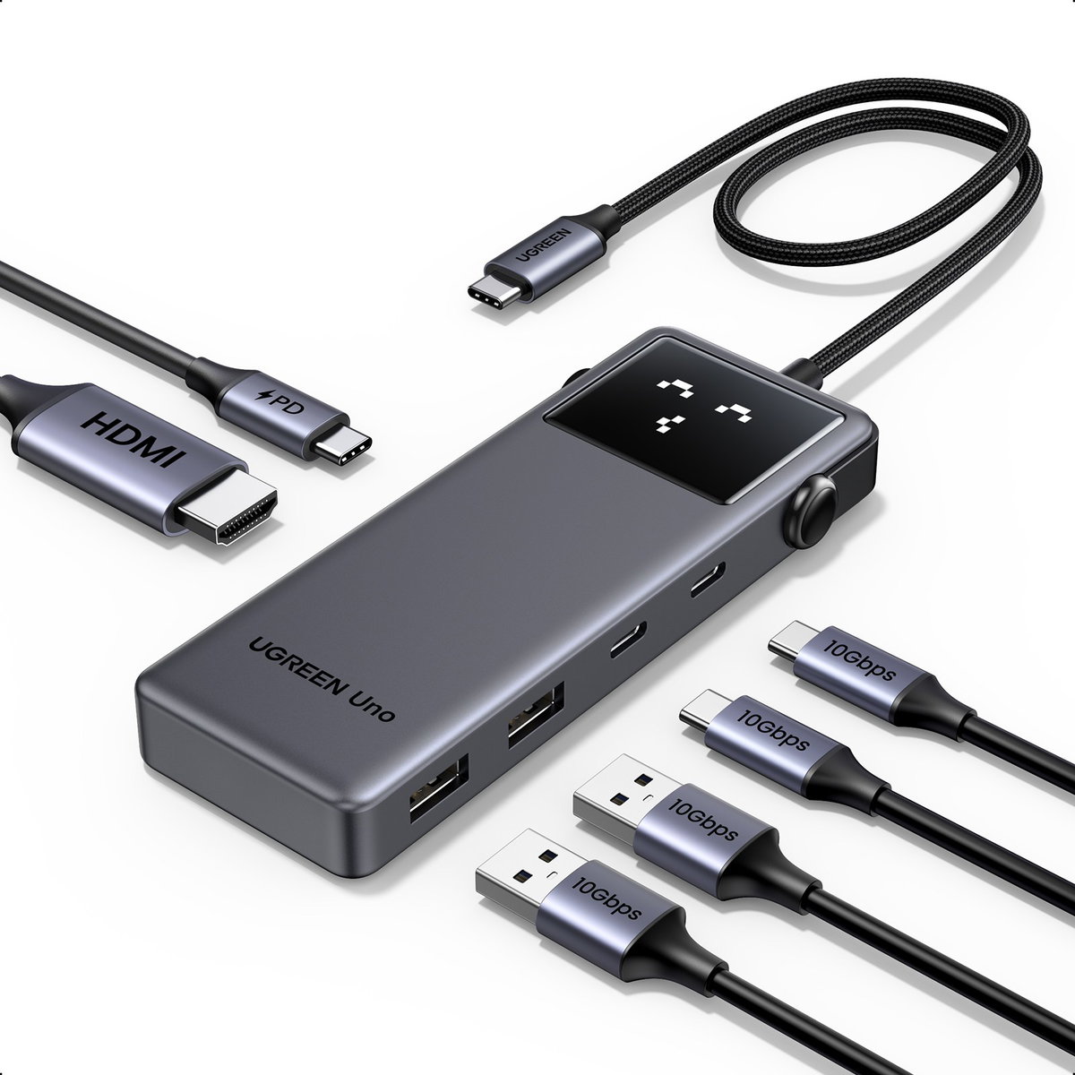 UGREEN 유그린 Uno 6포트 USB 3.2 C타입 멀티 허브 삼성덱스 맥북 호환| 10Gbps | HDMI2.0 4K60Hz | PD100W | 스마트 상태 이모티콘 표시, 1개, Grey