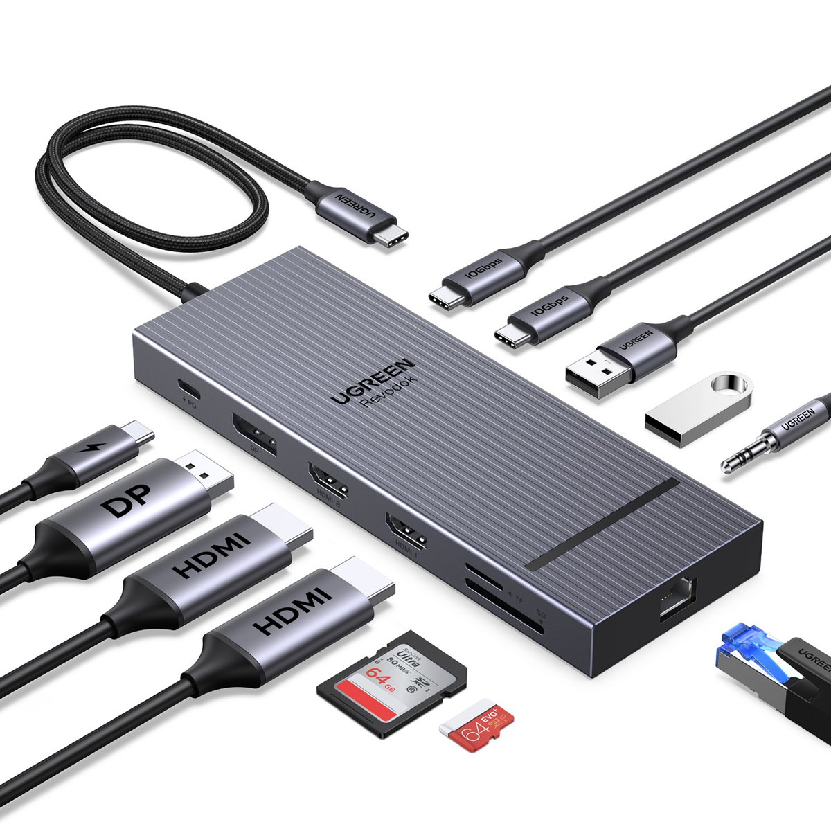 UGREEN 유그린 Revodok 12포트 USB3.2 C타입 멀티허브 |삼성덱스 맥북 호환|트리플 모니터 확장|4K120Hz|10Gbps|SD카드 리더기|기가비트|PD100W, 1개, Grey