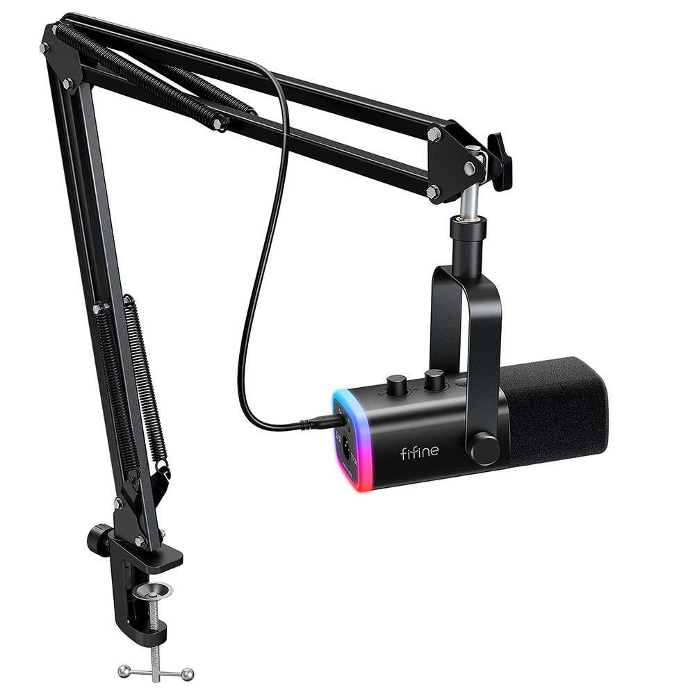 피파인 USB XLR 다이나믹 마이크 세트 게이밍 방송 녹음용 독립 볼륨 노브 원터치 음소거, 검정, AM8T