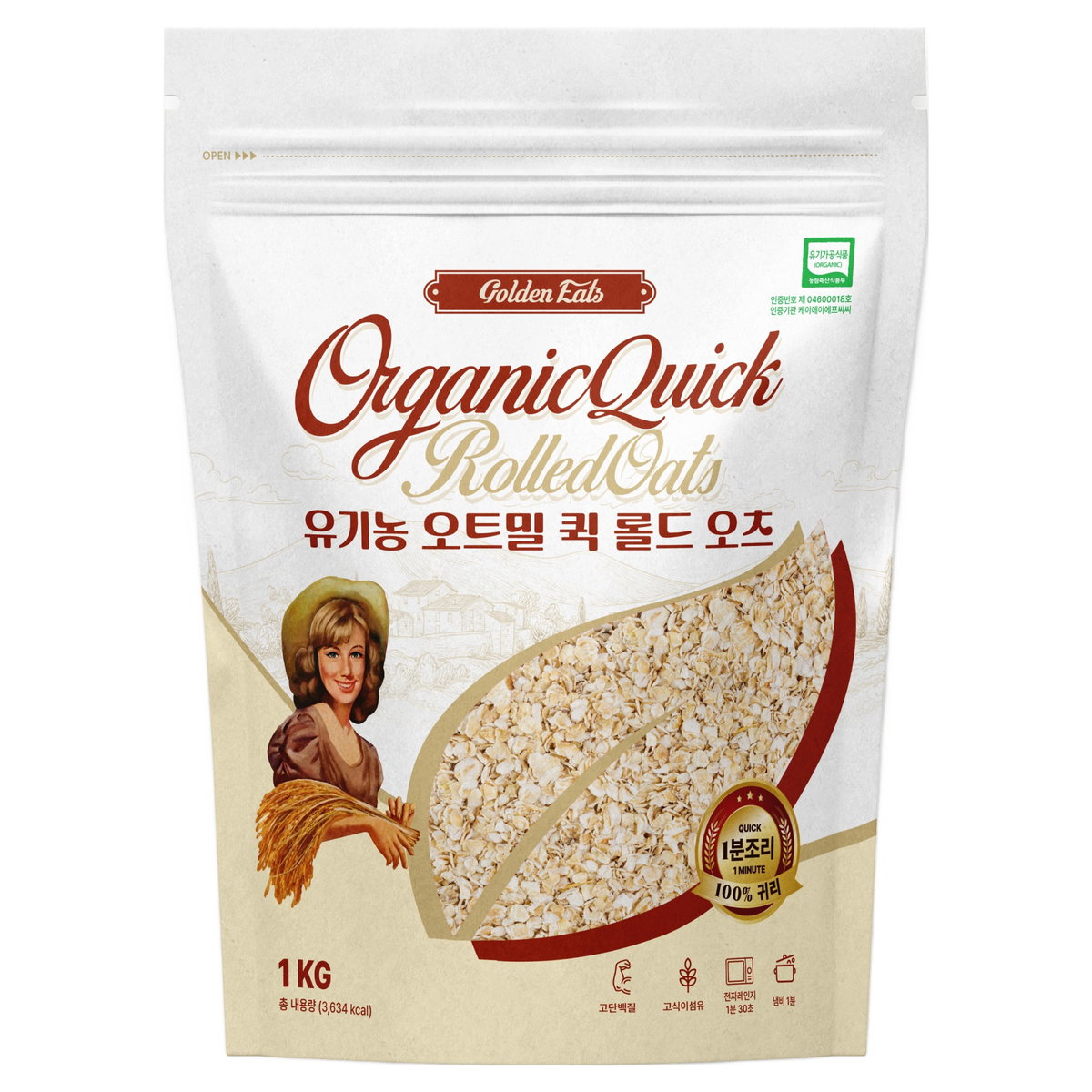 골든잇츠 유기농 퀵 오트밀, 1kg, 1개