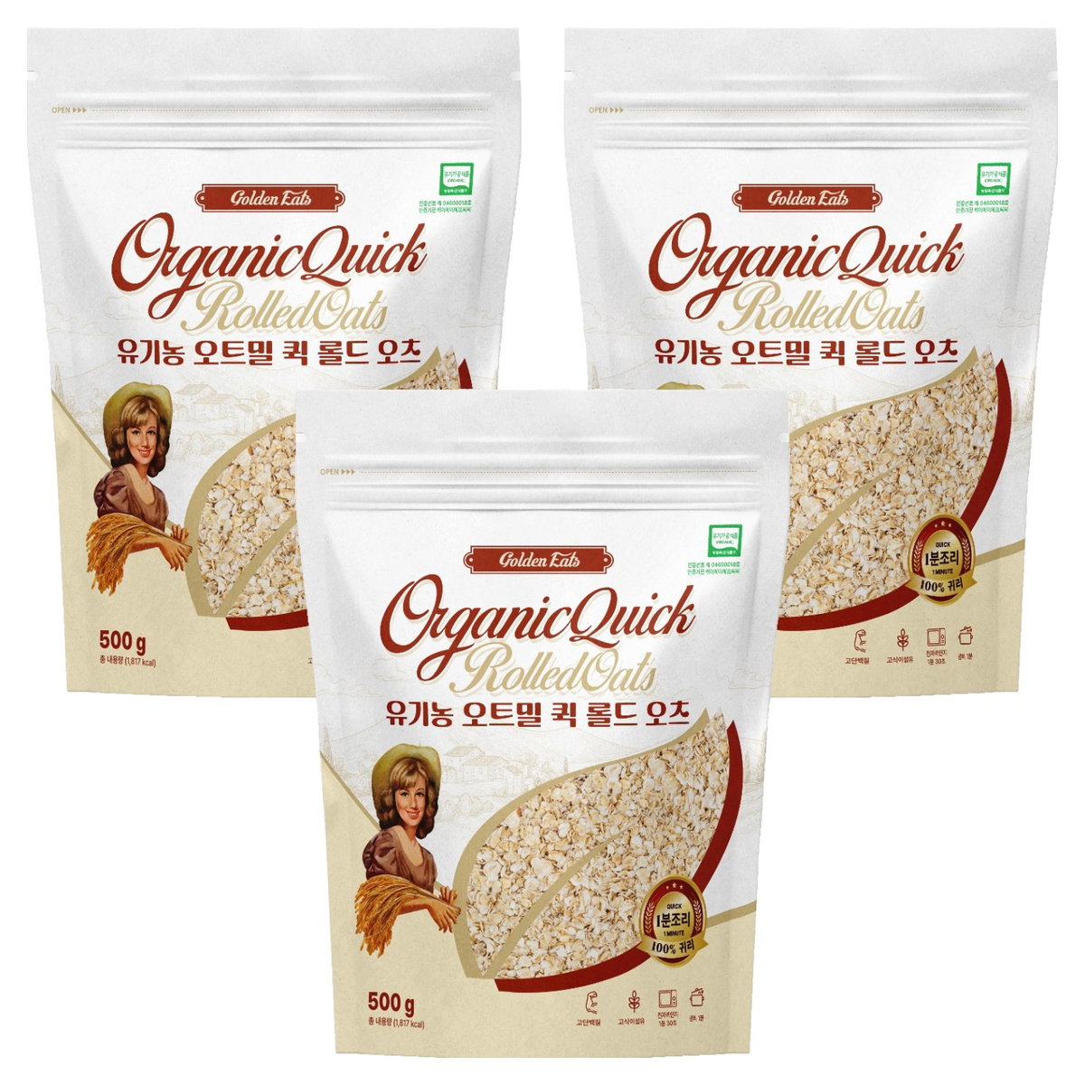 골든잇츠 유기농 퀵 오트밀, 500g, 3개