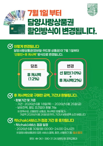 담양군, 지역상품권 '파격 개편'… 7월부터 10% 즉시 할인 '확정'