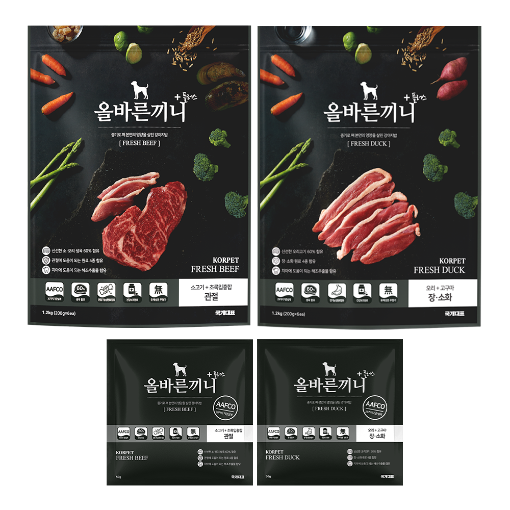 올바른끼니 플러스 2종 세트-관절건강(소고기 초록입홍합)   장건강(오리고구마) _ 60%생육, 스팀공법 영양식 강아지 사료, 1개