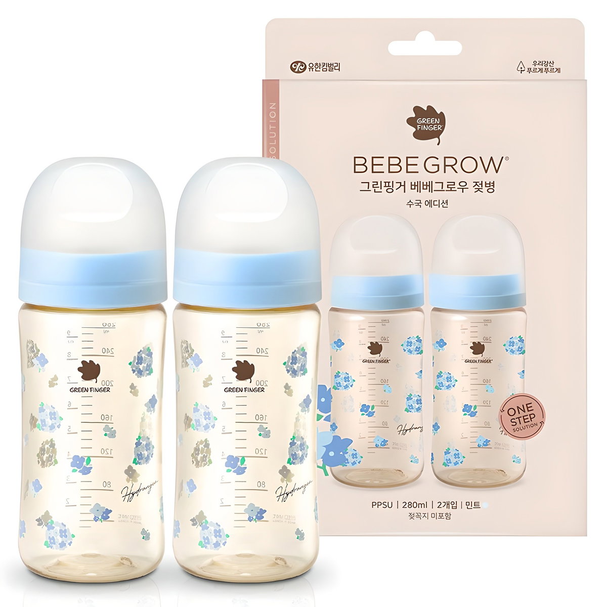 베베그로우 PPSU 노꼭지 디자인 젖병 트윈팩, 수국, 280ml, 1세트