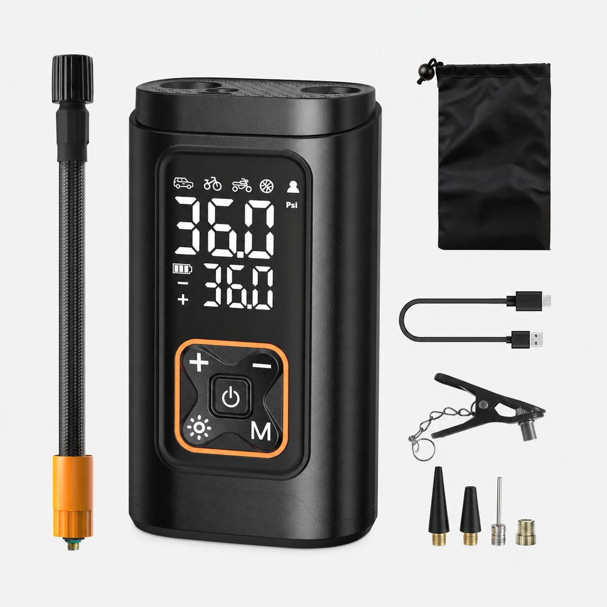 ACMEZING 무선 전동 에어펌프 휴대용 타이어 공기 주입기 6000mAh 다용도 자동차 자전거 공기펌프 C21, 1개, 블랙