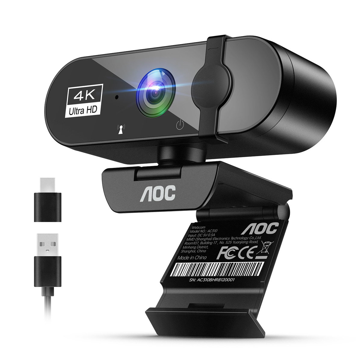 AOC 4K UHD 웹캠 노이즈캔슬링 마이크 내장 PC 화상회의 방송용, 블랙, AC310