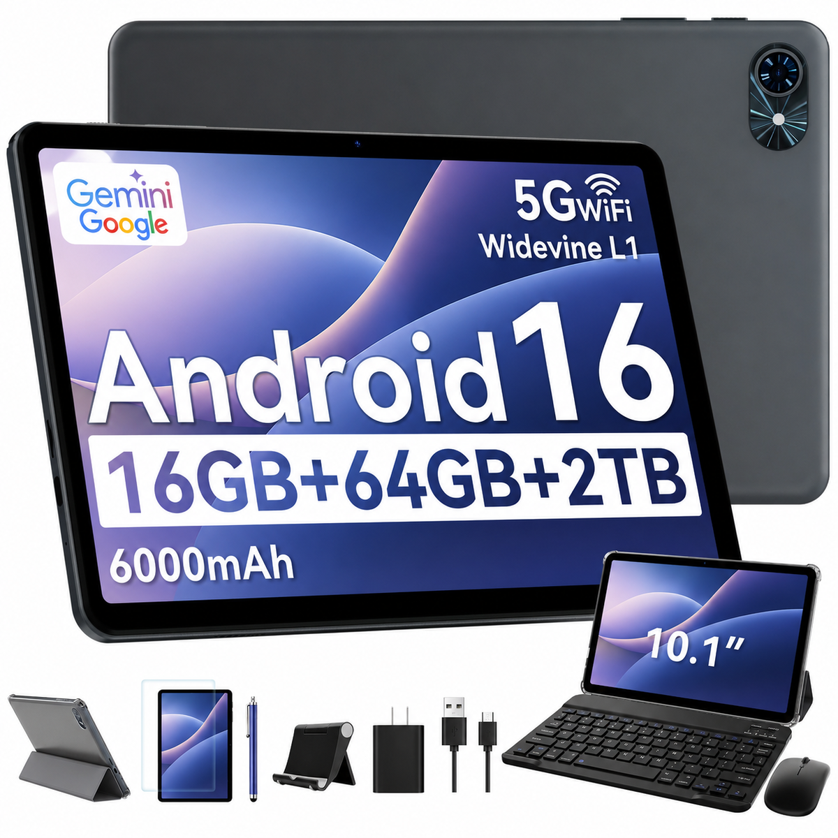 TABWEE 10.1인치 대화면 태블릿 PC 6000mAh 대용량 배터리 Gemini 2.0 지원 키보드 펜 포함 풀세트 16GB 64GB 저장공간 학습 업무 엔터테인먼, 회색, 64GB, Wi-Fi