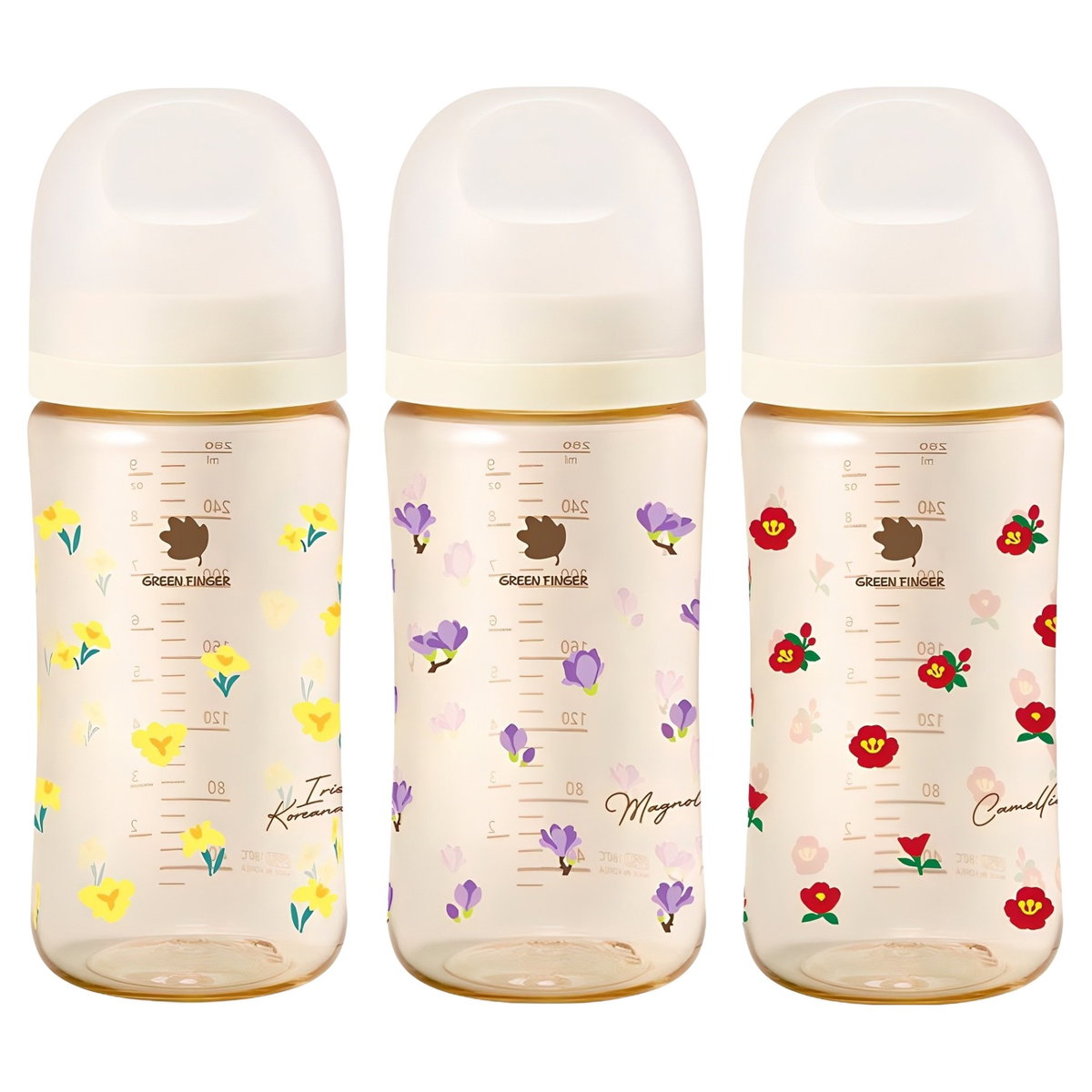 베베그로우 PPSU 노꼭지 젖병 트리플팩, 노랑붓꽃   동백꽃   목련꽃, 280ml, 1세트