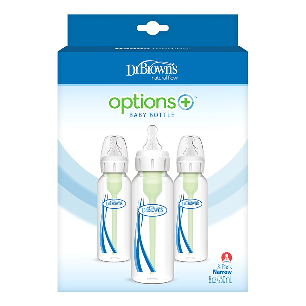 닥터브라운 내로우넥 옵션스 플러스 PP 젖병   젖꼭지 1단계 트리플팩, 혼합 색상, 250ml, 3개