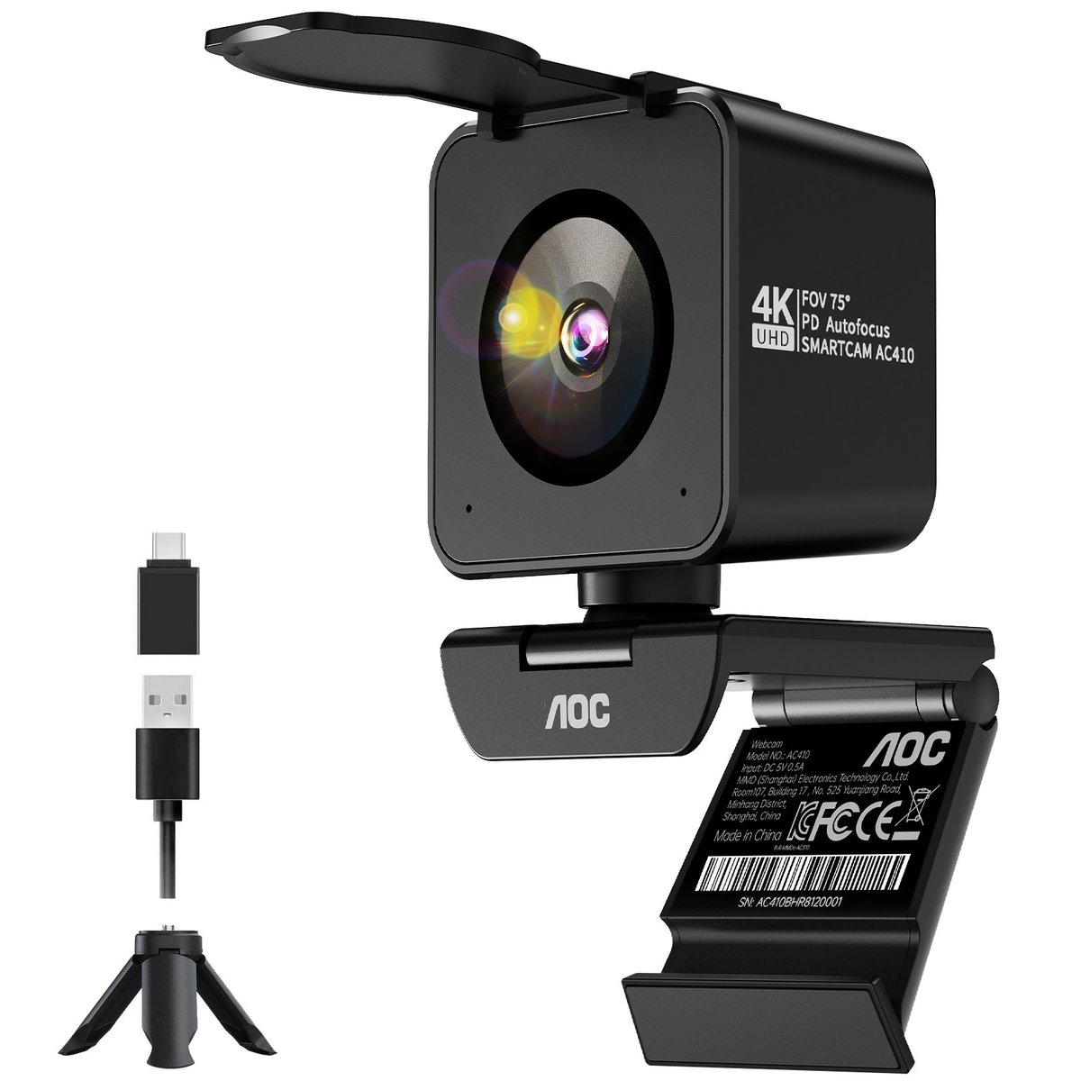 AOC 4K 1200만 고해상도 웹캠 PDAF 자동 초점 마이크 내장, 블랙, AC410