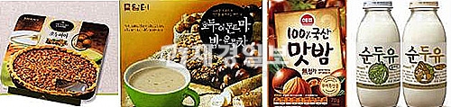 왼쪽부터 샤니의 호두파이, 담터의 호두, 아몬드, 마, 밤, 율무차, 사조해표의 100% 국산 맛밤, 매일유업의 순두유