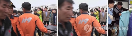 지난 16일 세월호 침몰 사고 현장에서 구조된 승객을 태우고 팽목항에 도착한 구조선에서 이준석 선장(사진 맨 왼쪽)모습이 뉴스와이 영상에 포착됐다.
