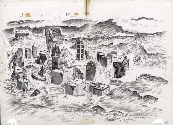 ▲망치(1990), 자연재해로 무너져가는 도시사진을 바탕으로 상상력을 동원해 그린 윤태호 작가 작품 사진 (사진 : 애플트리 제공)