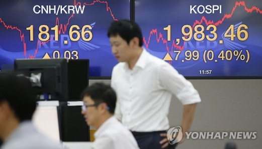 중국의 위안화 평가절하가 사흘째 이어진 13일 오후 서울 명동 외환은행 딜링룸 전광판에 이날 원&middot;위안화 환율과 코스피 지수가 표시 돼 있다. 이날 코스피는 13일 사흘 연속 이어진 위안화 평가절하 충격을 딛고 반등에 성공해 7.99포인트(0.40%) 오른 1,983.46으로 마감했다. 2015.8.13