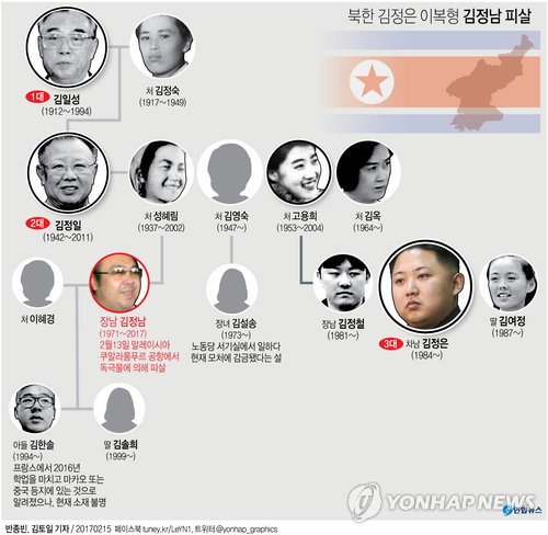 북한 김정은 노동당 위원장의 이복형 김정남(46)이 현지시간 13일 오전 말레이시아에서 피살됐다고 정부 소식통이 14일 밝혔다.
