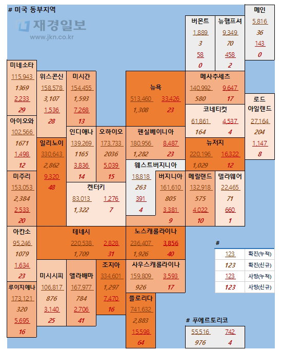 16일 미국 코로나 확진자 및 사망자 현황