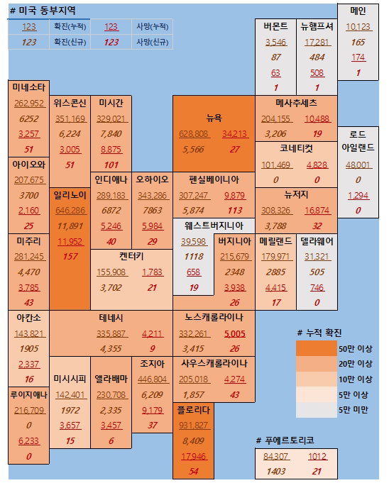 23일 미국 코로나 확진자 및 사망자 현황