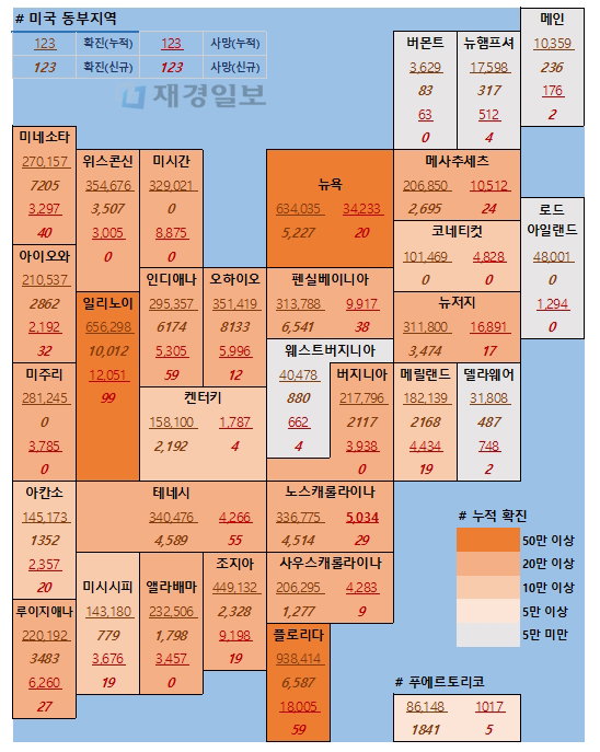 24일 미국 코로나 확진자 및 사망자 현황