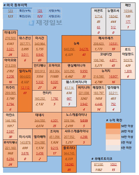 25일 미국 코로나 확진자 및 사망자 현황