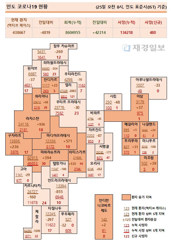 25일 인도 코로나19 확진자 현황