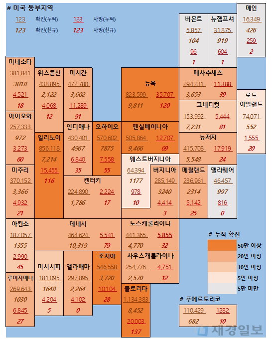 16일 미국 코로나 확진자 및 사망자 현황