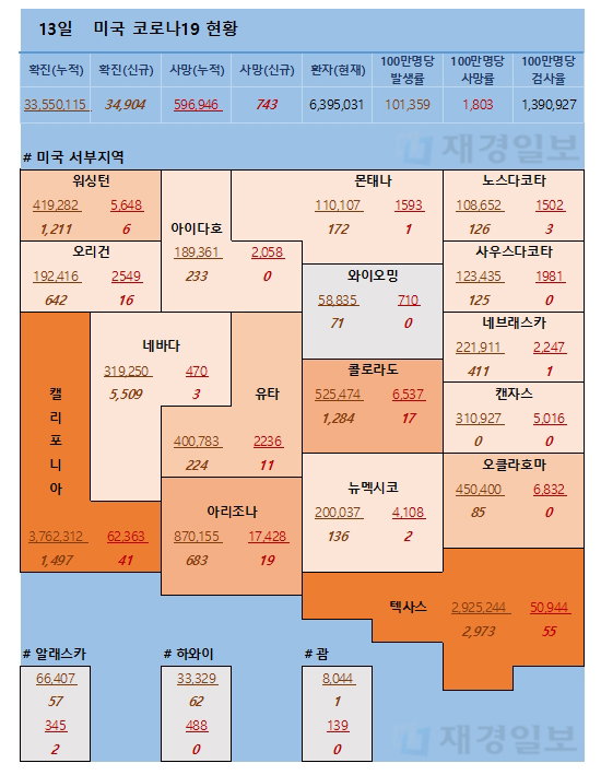 13일 미국 코로나 확진자 및 사망자 현황