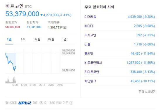 가상화폐 시세 2021.05.17 오후 1시 39분