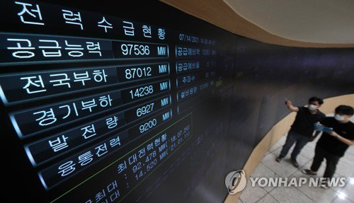 전국에 폭염특보가 내려지며 전기 사용량이 늘어나고 있는 14일 오후 경기도 수원시 한국전력공사 경기지역본부 전력관리처 계통운영센터에서 관계자들이 전력수급상황을 점검하고 있다. 2021.7.14