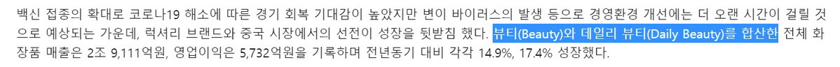 

▲LG생활건강 2021년 상반기 실적과 관련한 보도자료에서 '뷰티'와 '데일리 뷰티'를 합산했다는 내용을 볼 수 있다.
