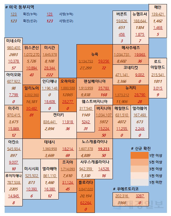 23일 미국 코로나 확진자 및 사망자 현황