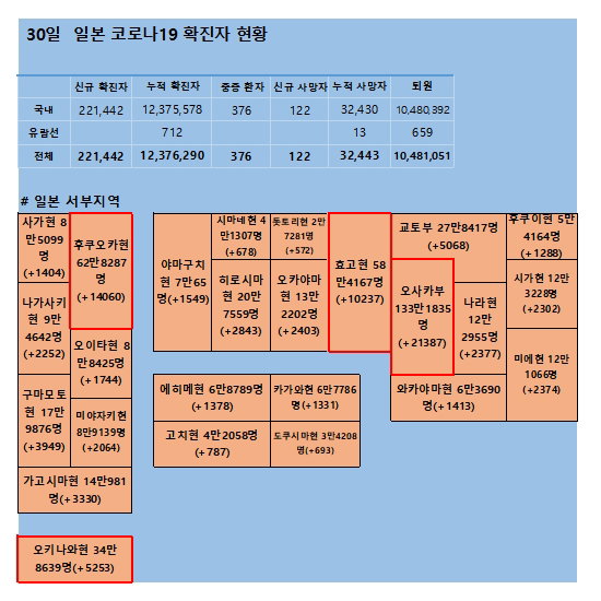 30일 일본 코로나 확진자 현황