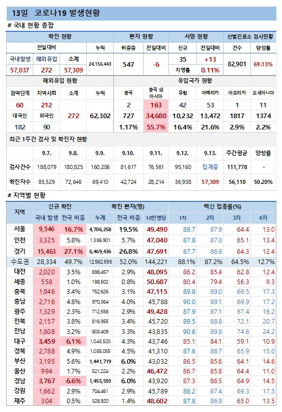 13일 코로나19 발생현황