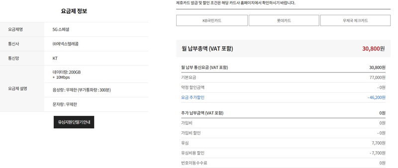 절반 이상의 프로모션 할인이 붙은 요금제