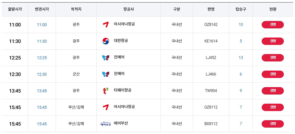 제주공항 결항 항공편