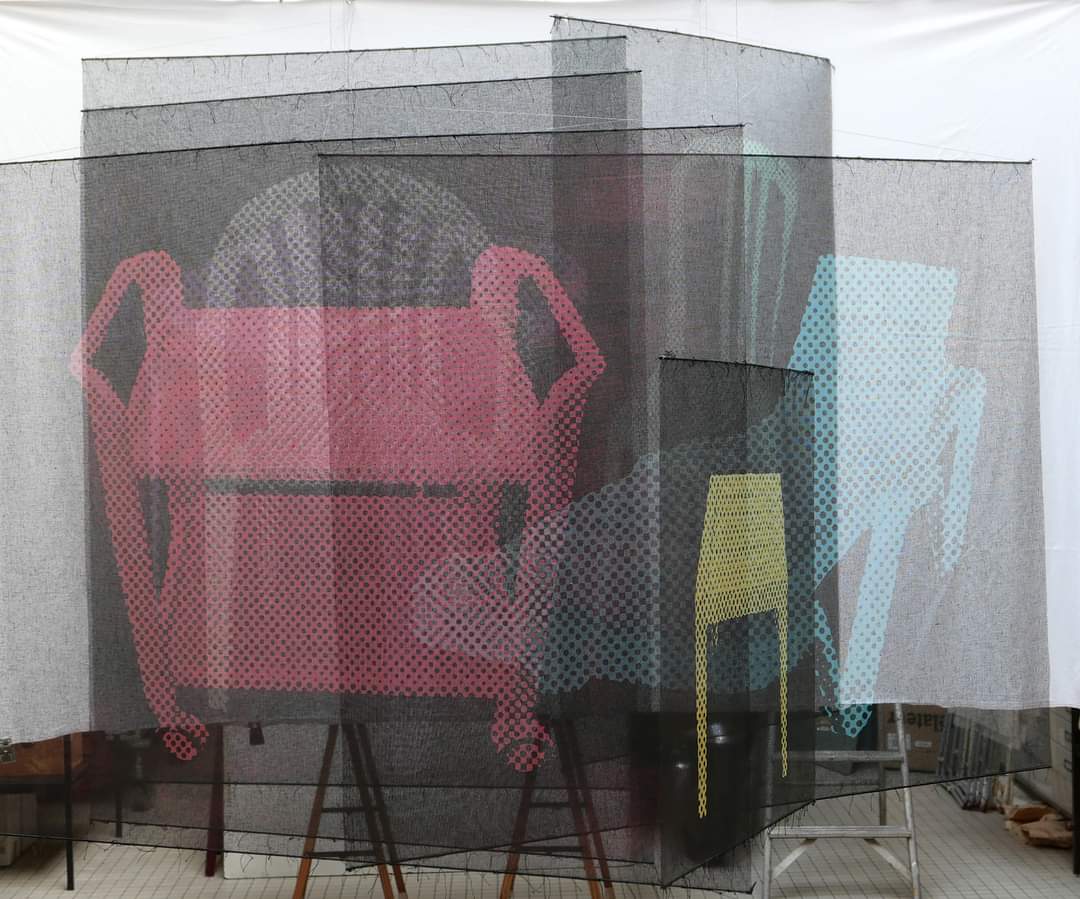 [Herman STEINS - Mobile of Success - test of transparency with the 6 linocuts on coloured tarlatane together - 2008]