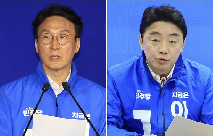 더불어민주당 김민석 최고위원(왼쪽), 강훈식 의원