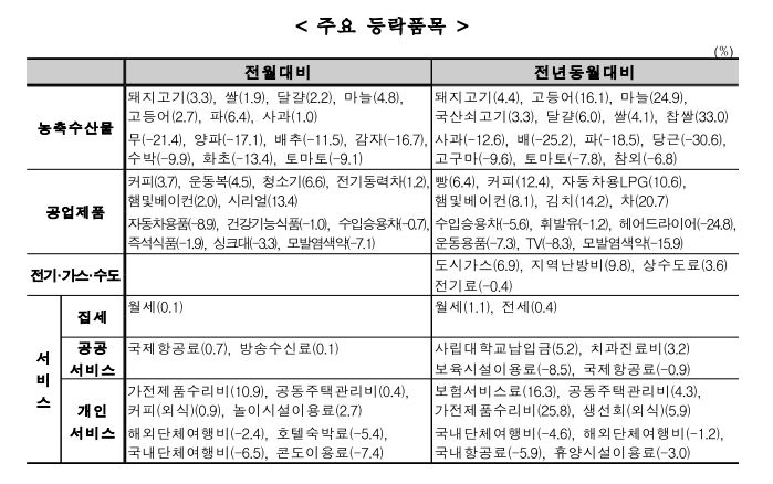 주요등락품목