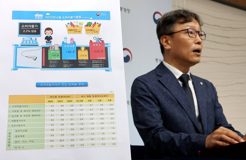 통계청 박병선 물가동향과장이 2일 정부세종청사에서 2025년 6월 소비자물가동향에 관해 설명하고 있다.