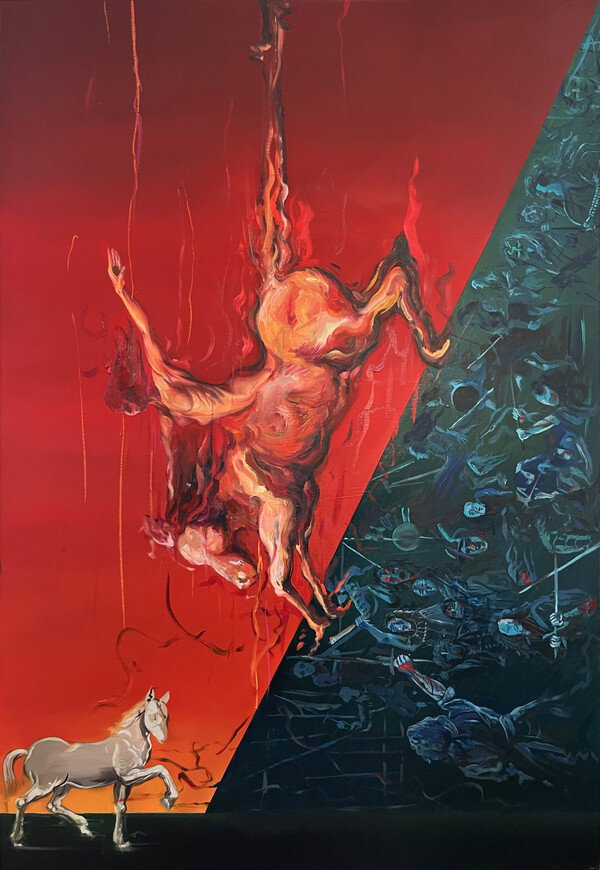 [설채원, 쏟아지는 긴장_ 캔버스에 유채_오일파스텔 116.8x80.3cm 2025]