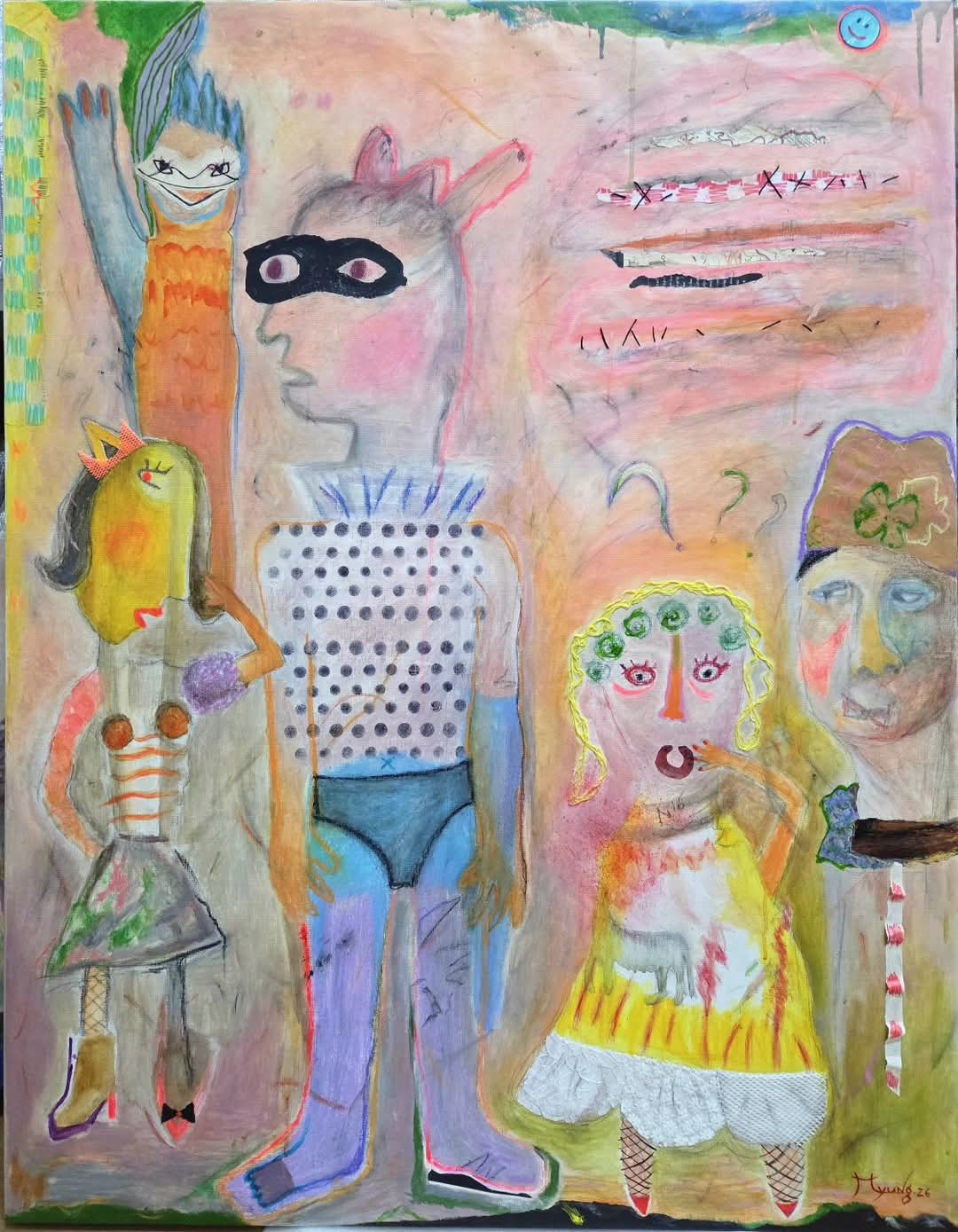 [이명순 작품, 사랑은 물음표! 116.8&times;91cm  캔버스판넬위 아크릴 ,오일파스텔,망사,실,잡지, 2026]