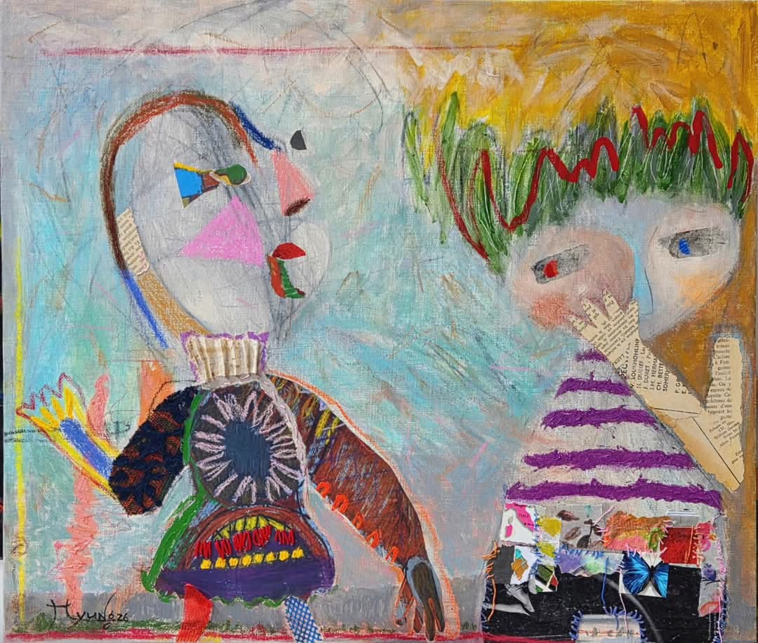 [이명순 작품, 연상연하 45&times;53cm  캔버스위 아크릴,오일, 오일파스텔,잡지,천,실, 2026]